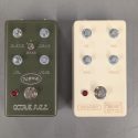 Custom guitar pedal engraving on powder-coated aluminum guitar pedals with text and design elemements.
